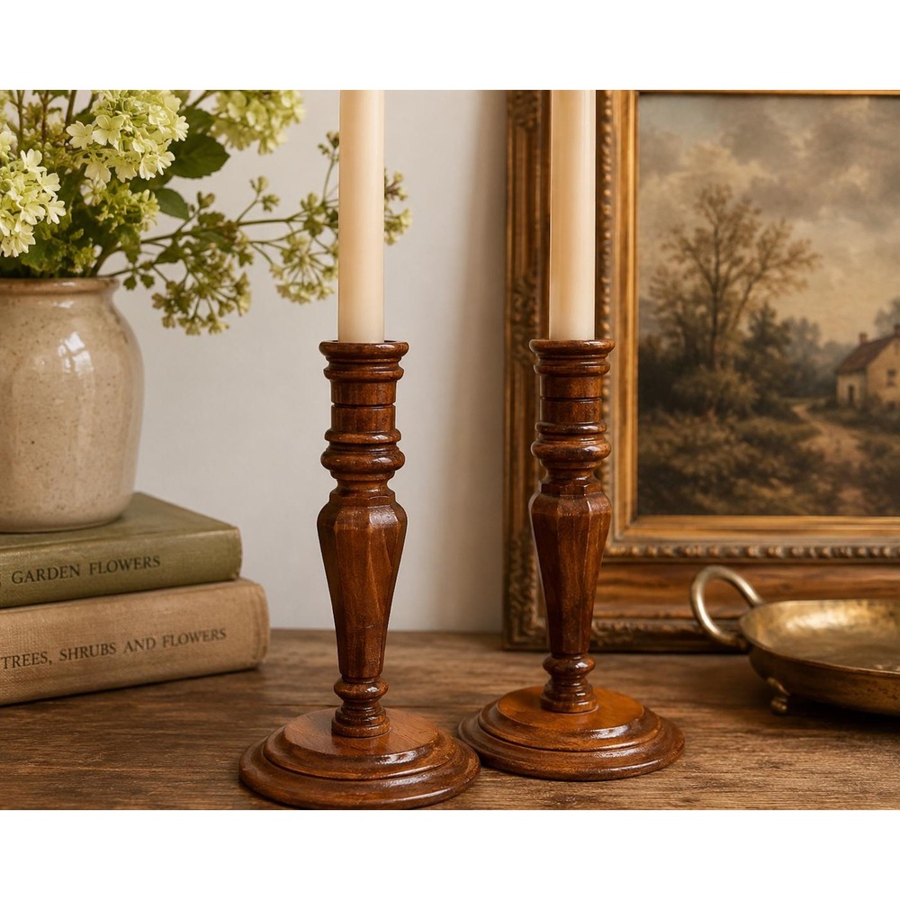 Vintage Wood Candlesticks Set of 2 Turned Wooden Candle Holders Rustic Decor